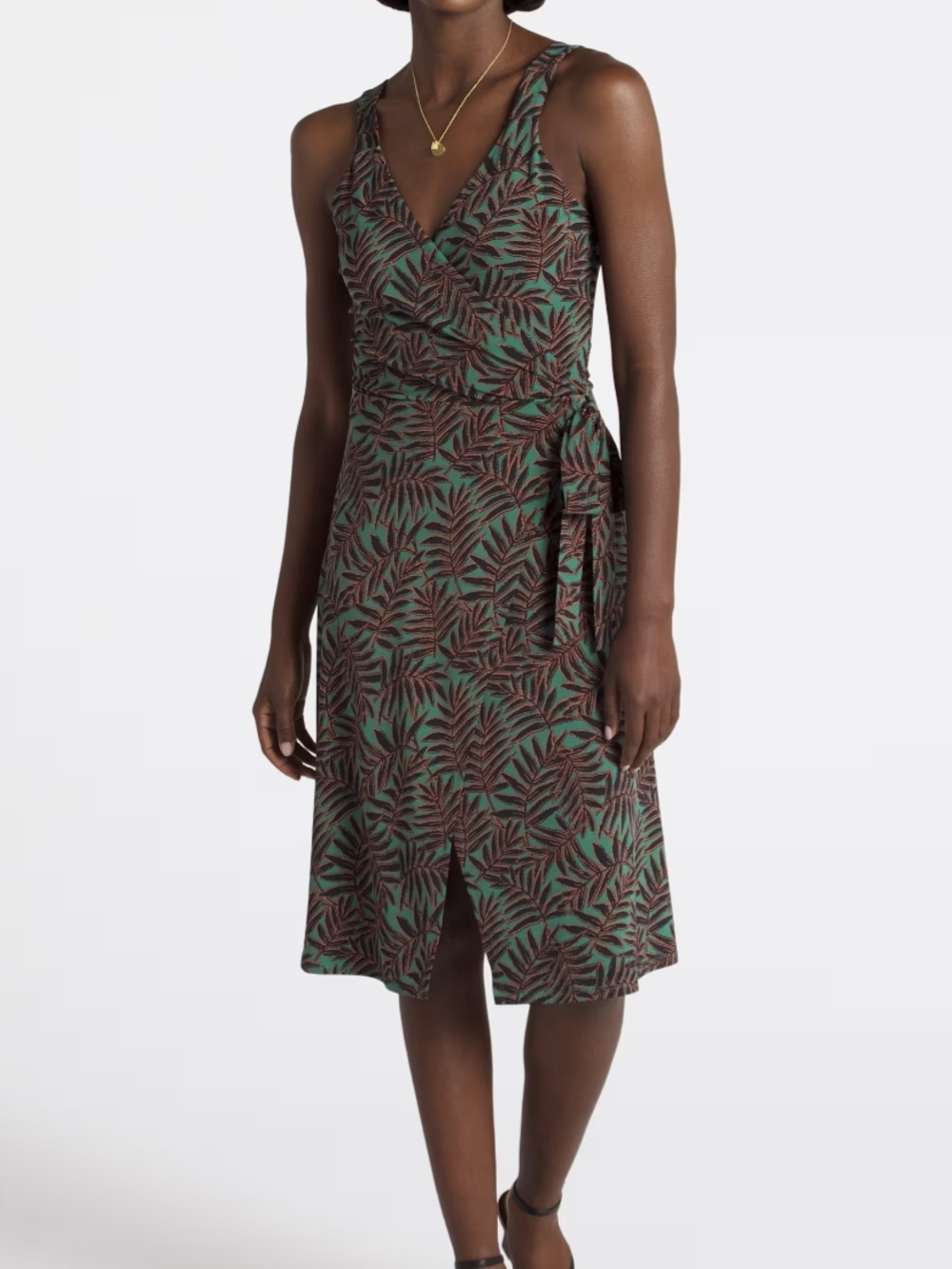 41 Hawthorn Green and Brown Leaf Print Wrap Midi Dress